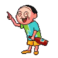 a pixel art drawing of a boy holding a fan and pointing up .