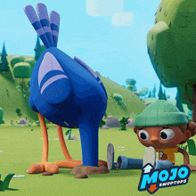 a blue bird is standing next to a boy wearing a green hat with the word mojo on it