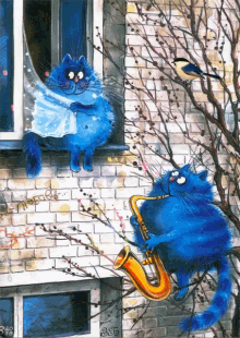 a blue cat is playing a saxophone while another cat looks out of a window