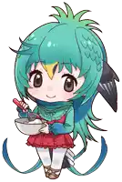 a girl with green hair is holding a bowl with a whisk