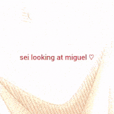 a close up of a red haired anime character with the words sei looking at miguel