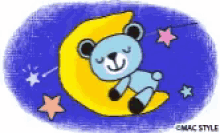 a blue teddy bear sleeping on a crescent moon