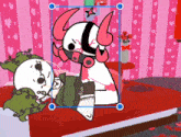 a cartoon of a monster laying on a bed with hearts on the walls