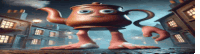 a giant teapot with a face and feet is walking down a city street