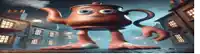 a giant teapot with a face and feet is walking down a city street