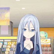 a anime girl with long white hair and blue eyes is standing in a store .