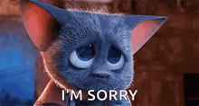 a cartoon cat is saying `` i 'm sorry '' with a sad look on its face .