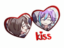 a couple of heart shaped frames with the word kiss on it