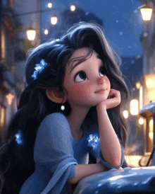 a cartoon girl in a blue dress is looking up at the sky