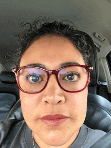 a woman wearing glasses and a gray shirt looks at the camera