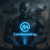 a robot is holding a blue glowing coin marketcap