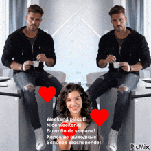 a man and a woman are sitting on a table with red hearts around them and the caption weekend placut nice weekend