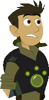 a cartoon of a man with brown hair and green circles on his chest