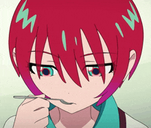 a girl with red hair and blue eyes is holding a spoon in her mouth