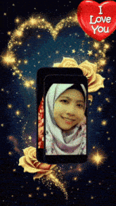 a phone with a picture of a woman and a red heart that says i love you