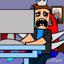 a cartoon of a man sitting at a desk with ibispaint written on the bottom right