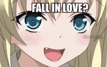 a close up of a girl with the words fall in love