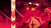 a cartoon character with horns is standing next to a pillar of fire .