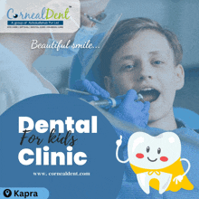 a poster for dental for kids clinic with a cartoon tooth