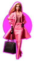 a barbie doll is wearing a pink coat and skirt and holding a black purse