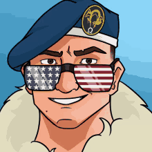 a cartoon of a man wearing an american flag sunglasses and a beret