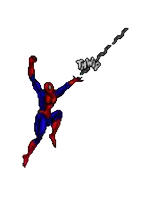 a pixel art of a spiderman hanging from a rope .