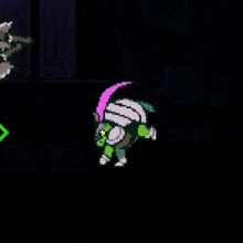 a pixel art of a person holding an umbrella in a dark room with a green arrow pointing to the right .
