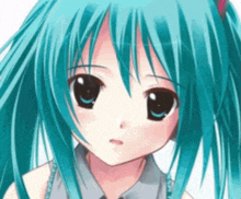 a close up of a girl with blue hair and big black eyes