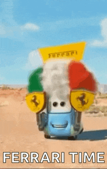 a cartoon car with a flag on top of it and the words `` ferrari time '' below it .