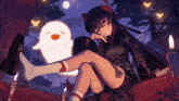 a girl is sitting on a bench with her legs crossed and a white ghost behind her