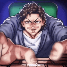 a drawing of a man sitting at a keyboard with the name yuichiro on the bottom left