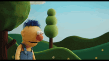a cartoon character with blue hair and overalls