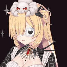 a girl with a spider on her head and a heart on her eye