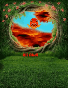 a painting of a fish in a hole in a tree with the words nii nbdi in red