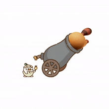 a cartoon drawing of a cannon with a mummy standing behind it