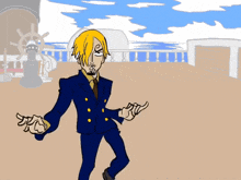 a cartoon drawing of a man in a blue suit and tie