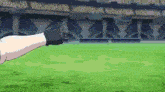 a person is kicking a ball on a soccer field in a stadium .