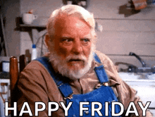 a man with a beard is sitting in a chair with the words happy friday written below him