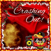 a picture of a cat wearing sunglasses and a hat with the words crashing out on it