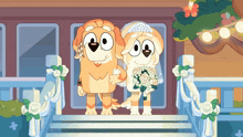 a cartoon of a bride and groom standing on steps