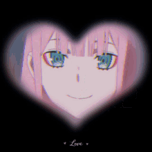 a girl with pink hair and blue eyes is surrounded by a heart with the word love on it