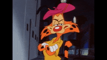 a cartoon character with a pink hat and a yellow shirt