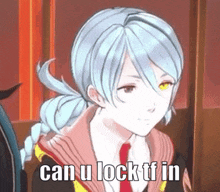 a girl with blue hair and yellow eyes is sitting in a chair with the words can u lock tf in above her .