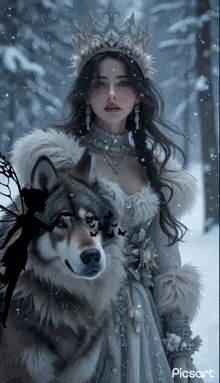 a woman in a crown is holding a wolf in a snowy forest .