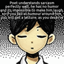 a cartoon of a boy with a quote that says poet understands sarcasm perfectly well he has no humor