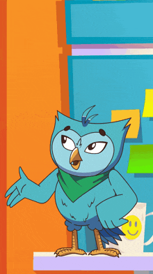 a cartoon owl with a green scarf around its neck is standing on a shelf