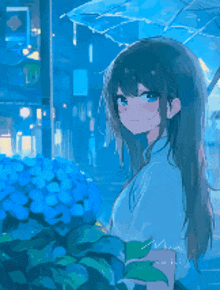 a girl with long hair and blue eyes is holding a blue umbrella in front of blue flowers .