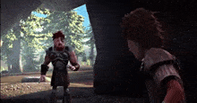 two cartoon characters are standing next to each other in a cave in a forest .