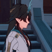a cartoon character with long black hair and a blue horn on his head