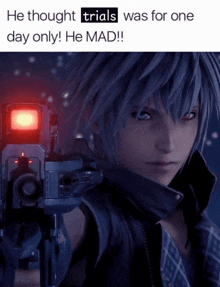 a video game character holding a gun with the words he thought trials was for one day only